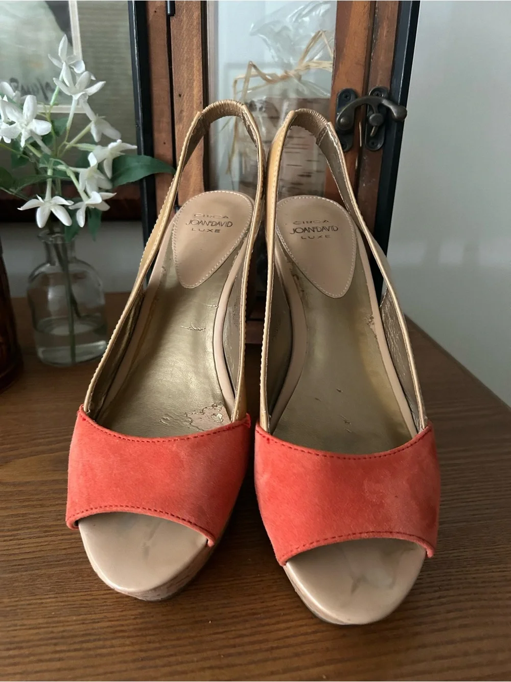 Joan & David Coral-Orange Suede Peep-Toe Slingback Wedges